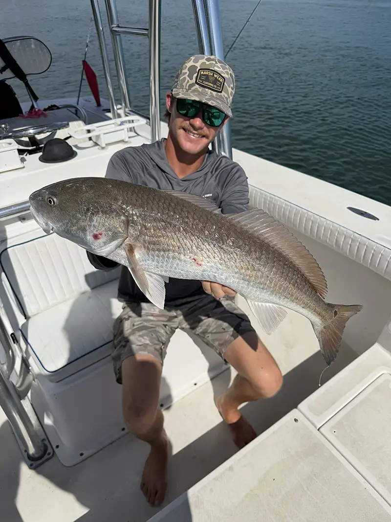 Angler holding a large redfish caught during a Sarasota fishing trip on September 14, 2026.